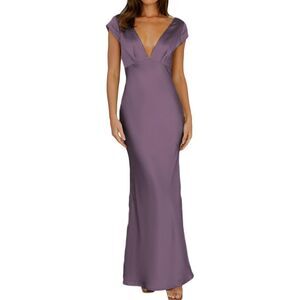Satin V Neck Cap Sleeve Backless Maxi Dress, S, 4D-144D006